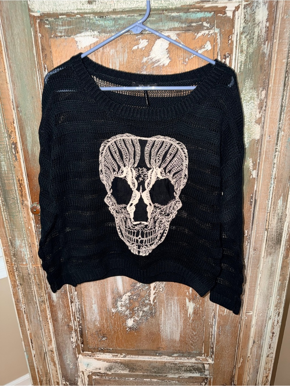 Nollie Skull Sweater Womens M Black Open Knit Goth Grunge Y2K PacSun